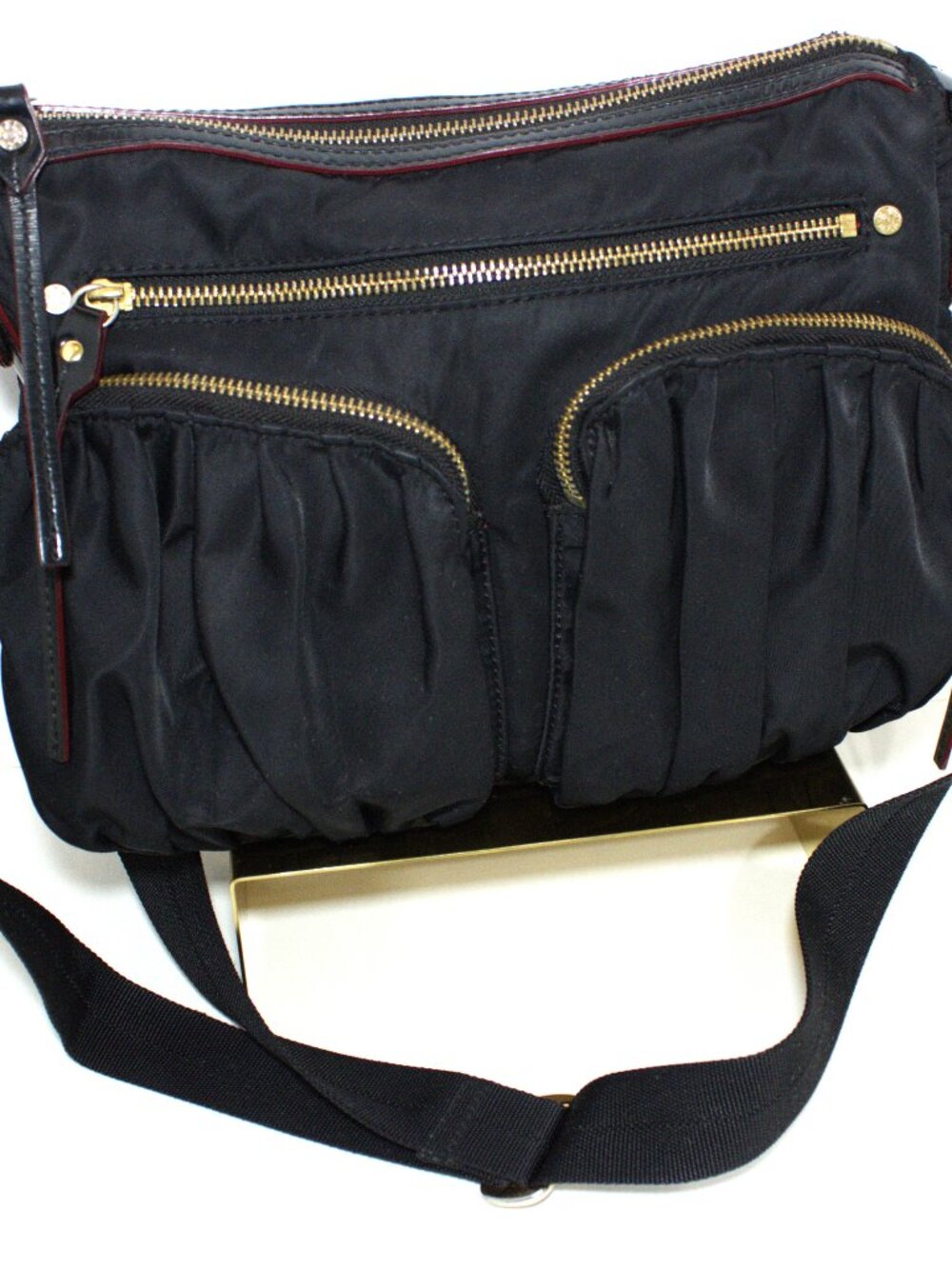 MZ Wallace Paige Crossbody, Black Nylon with Leather Fringes on Zippers, Gold H.